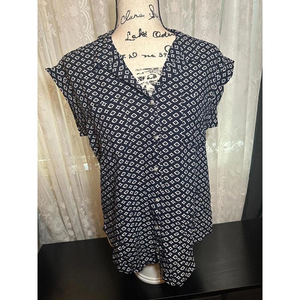 JACHS Girlfriend Navy Geometric Print Button Down Blouse Women’s Size M